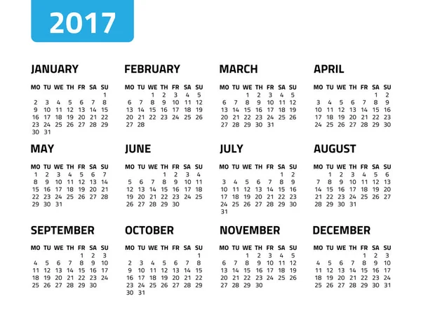 Calendário para 2017 ano — Vetor de Stock