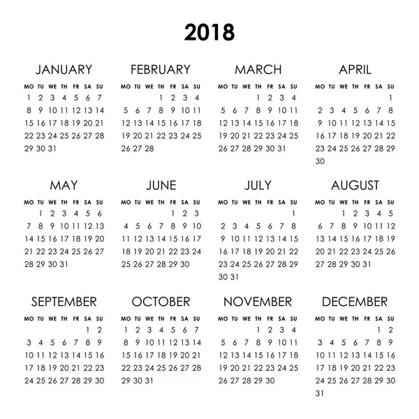 Calendário 2018 ano — Vetor de Stock