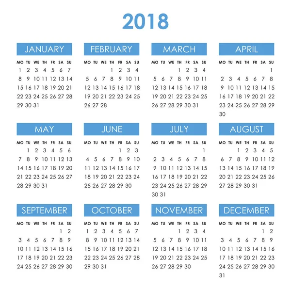 Calendário para 2018 ano — Vetor de Stock