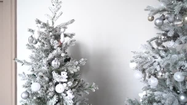 Mujer Divertida Vestido Asomándose Por Detrás Del Árbol Navidad Habitación — Vídeo de stock