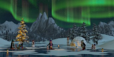 Noel zamanı, 3d render, Kuzey ışıkları altında penguenler