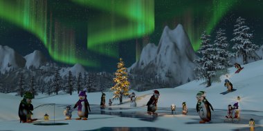 Noel zamanı, 3d render, Kuzey ışıkları altında penguenler