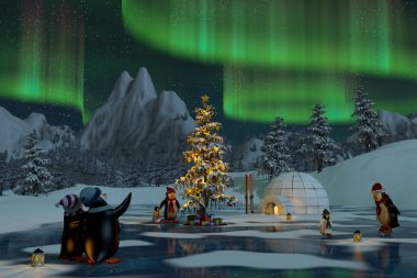 Noel zamanı, 3d render, Kuzey ışıkları altında penguenler