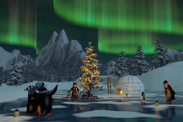 Pinguins sob as luzes do norte na época do Natal, 3d render — Fotografia de Stock