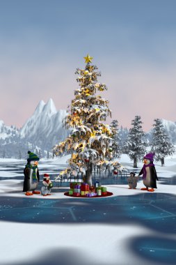 Penguenler bir kış dağ manzarası bir Noel ağacı çevresinde