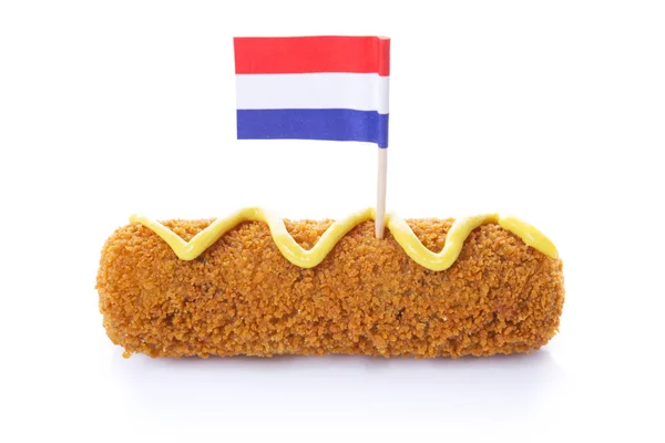 Nederlands vlees kroket ('Dobben'), mosterd, Nederlandse vlag, geïsoleerd op wit — Stockfoto