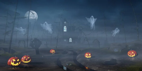 Cabine em uma floresta de Halloween com lanternas de abóbora à noite — Fotografia de Stock