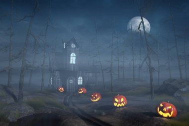 Balkabağı fener ile bir Cadılar Bayramı ormanda geceleri kabin