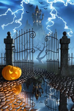Halloween pumpkins ürkütücü bir kale kapısı yanındaki