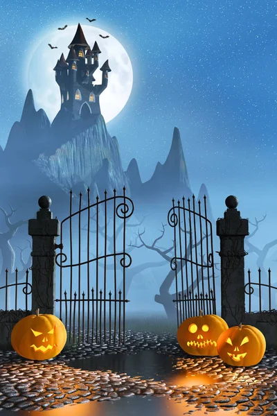 Calabazas de Halloween junto a una puerta de un castillo espeluznante —  Fotos de Stock