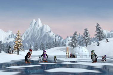 Penguenler bir karlı Noel dağ manzarası, 3d render