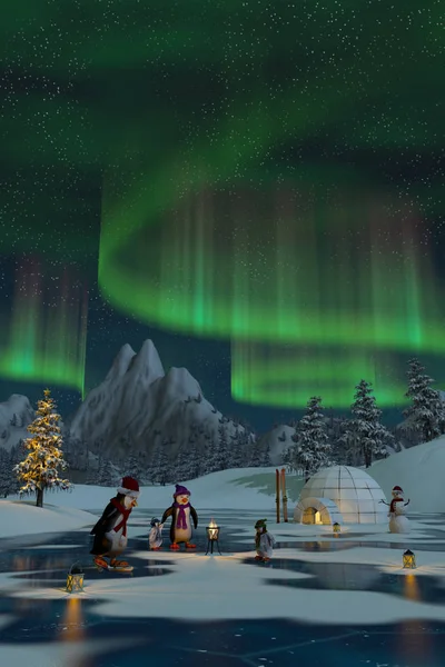 Noel zamanı, 3d render, Kuzey ışıkları altında penguenler
