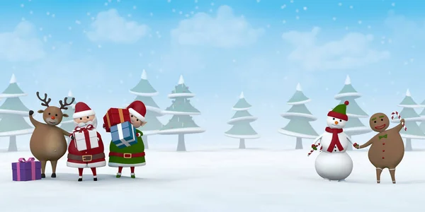 Personajes navideños en un paisaje invernal nevado — Foto de Stock