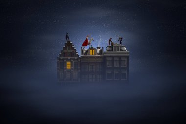 Sinterklaas ve rooftops geceleri Pieten