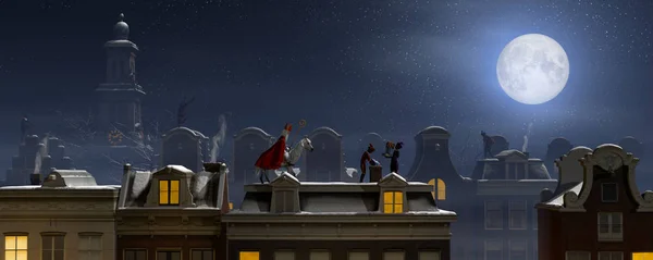 Sinterklaas ve rooftops geceleri Pieten