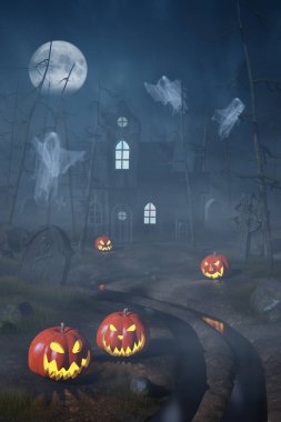 Balkabağı fener ile bir Cadılar Bayramı ormanda geceleri kabin