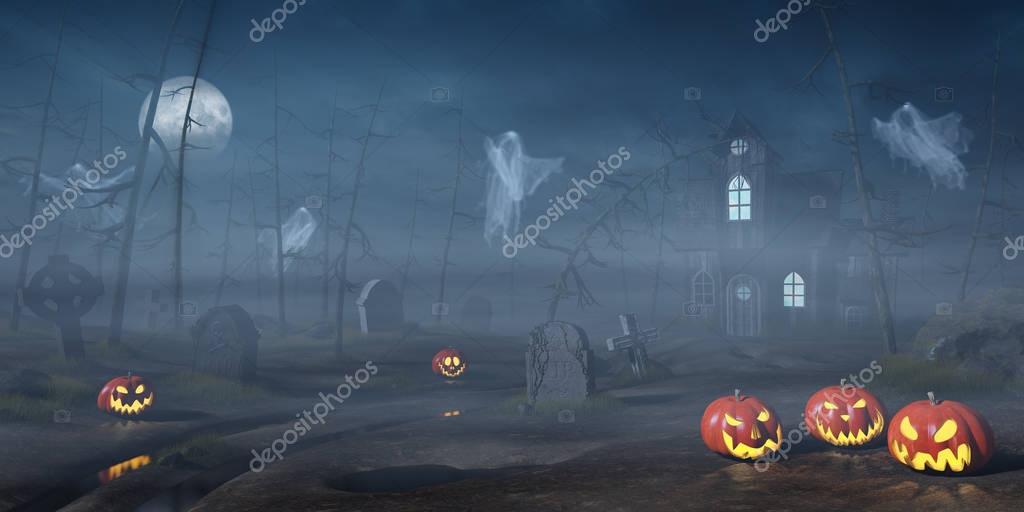 Cabaña en un bosque de Halloween con linternas de calabaza por la noche