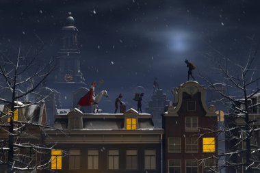 Sinterklaas ve rooftops geceleri Pieten