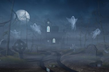 Kabin ve ürkütücü bir orman gece mezarlıkta