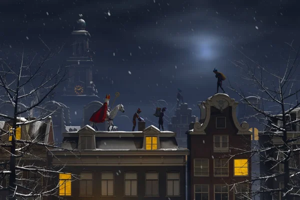 Sinterklaas ve rooftops geceleri Pieten