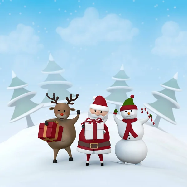 Personajes navideños en un paisaje invernal nevado —  Fotos de Stock