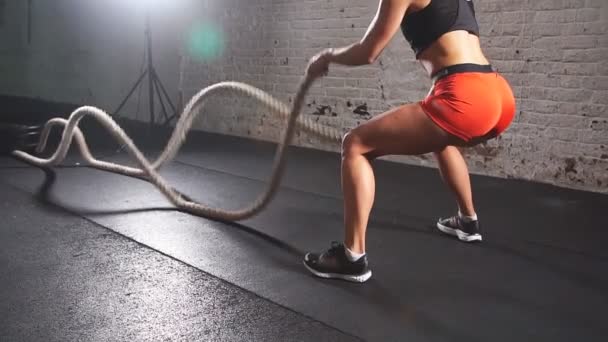 Battling Ropes Girl At Gym Workout Exercise Fitted Body Slow Motion