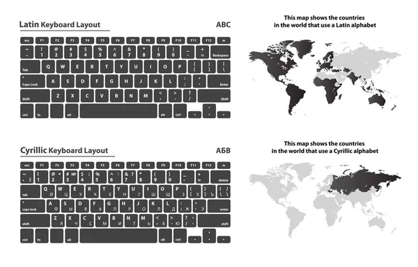 Ülkeler harita ile ayarla Kiril ve Latin alfabesi klavye düzeni
