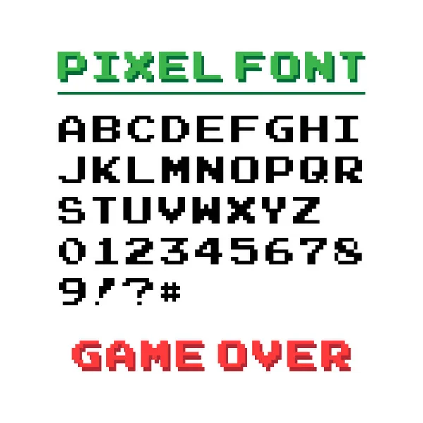 Polices Pixel avec 39 symboles et jeu de texte sur - illustration vectorielle isolée — Image vectorielle