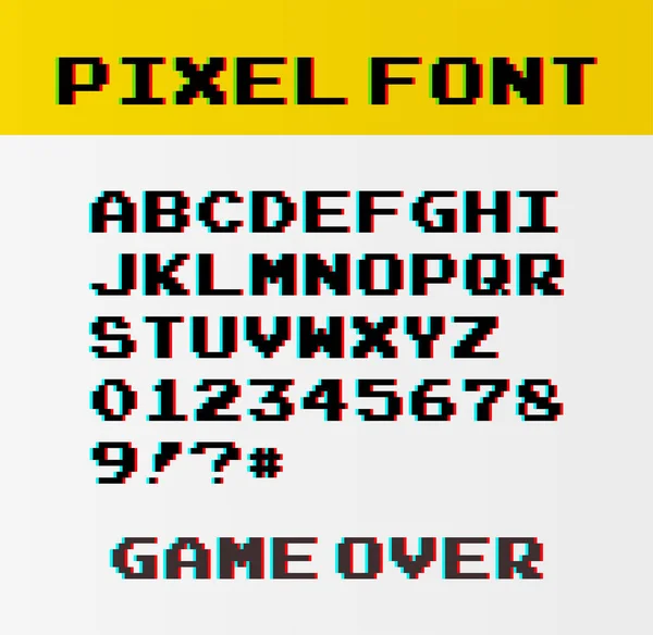 Pixel lettertype met 39 symbolen en tekst spel voorbij - geïsoleerde vectorillustratie — Stockvector