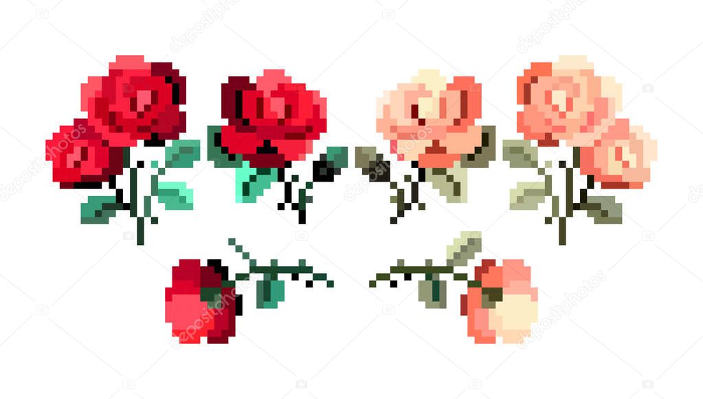 Pixelated wedding roses and leafs - isolated vector illustration