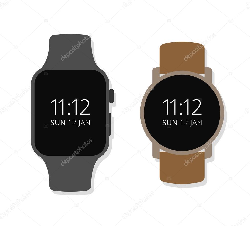 Smartwatch set rounded and rectangular time and date - isolated vector art