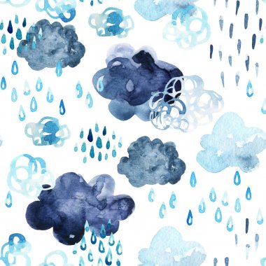 Suluboya sonbahar duş seamless modeli. Serin suluboya bulutlar yağmur damlaları arka plan ile. El çizmek için sonbahar hava kavramı sanat illüstrasyon