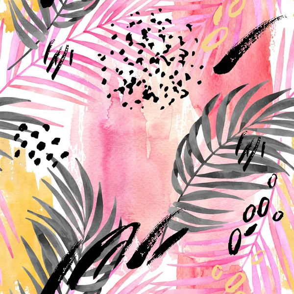 熱帯水彩画は シームレスなパターンを残します 水彩のピンク色し 色に最小限の要素とグラフィック ヤシ葉絵背景の汚れ 手描きの夏デザインのアート イラスト — ストック写真