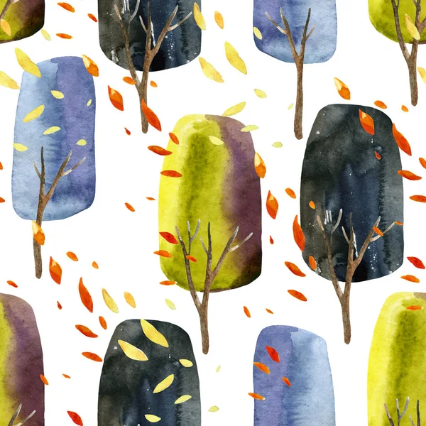 Abstract autumn trees with falling leaves, watercolor seamless pattern. Natural background for fall design. Hand painted watercolour illustration