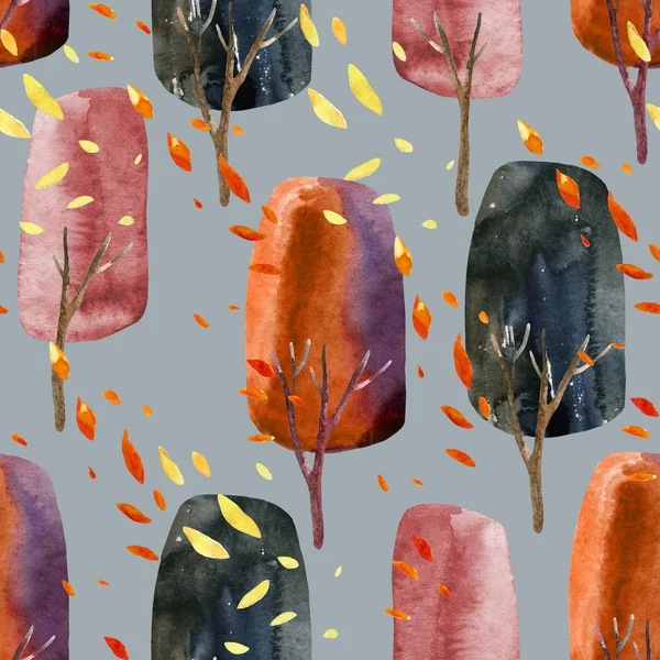 水彩のシームレスなパターンは 木の葉の抽象的な秋の木々 秋デザインの自然な背景は 手描き水彩イラスト — ストック写真