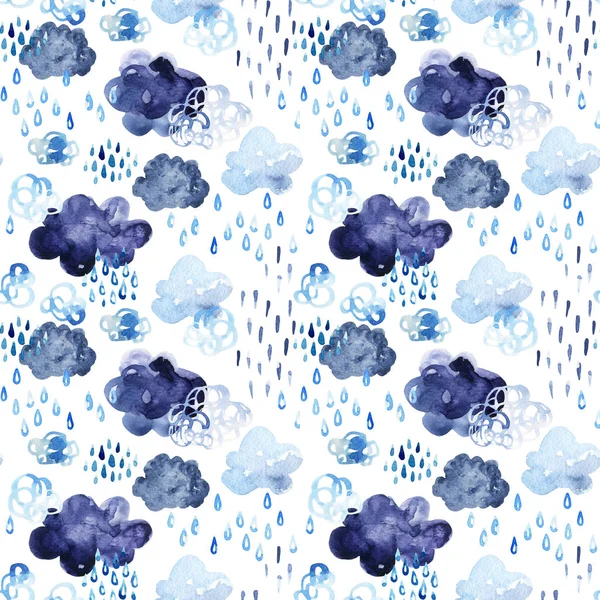 水彩は落ちるシャワー シームレス パターンです 雨滴の背景を持つクールな水彩雲 手は秋の天気の概念にアート イラストを描いてください — ストック写真