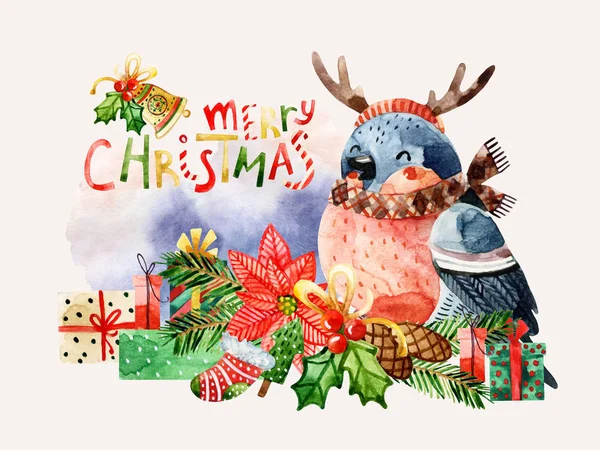 Lindo Pájaro Con Felicitaciones Navidad Feliz Ilustración Dibujos Animados Acuarela —  Fotos de Stock