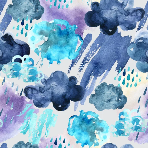Watercolor Queda Chuveiro Sem Costura Padrão Nuvens Chuvosas Aquarelas Frescas — Fotografia de Stock