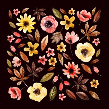 Suluboya çiçek öğeleri kare koyu arka plan üzerine düzenlenmiş.