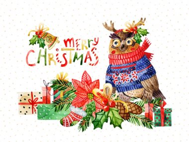 Merry christmas Tebrikler şirin kuş. Ren geyiği kafa bandı hippi baykuş suluboya karikatür çizimi kazak, eşarp hediye kutuları, Noel ağaç dalları, Atatürk çiçeği, ökseotu arasında