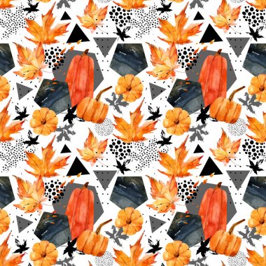 Yaprakları, kabak, üçgen, altıgen, daire ile sonbahar suluboya arka plan. El çekilmiş düşen yaprak, doodle, grunge, su renk, karalama doku, sonbahar tasarımı için seamless modeli. Sanat illüstrasyon