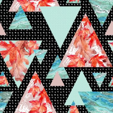 Soyut sonbahar geometrik seamless modeli. Akçaağaç, Meşe yaprağı, mermer, grunge dokular ile üçgenler. Geometrik arka plan retro vintage 80s 90s pop sanat. Elle çizilmiş doğal illüstrasyon