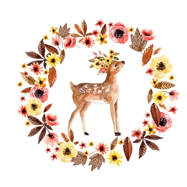 Acquerello cervo fulvo tra i fiori isolati su sfondo bianco . — Foto Stock