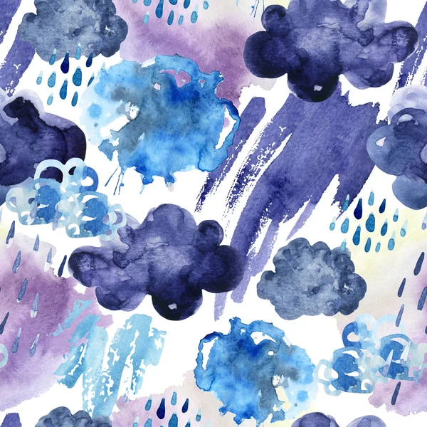 Watercolor Fall Shower Seamless Pattern Cool Watercolour Rainy Clouds Raindrops — Stock Photo, Image