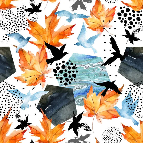 Autumn watercolor background: leaves, bird silhouettes, hexagons. Hand drawn falling leaf, flying birds, doodle, water color, scribble texture, seamless pattern, fall design. Art illustration