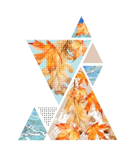 Abstract autumn geometric poster. Triangles with maple, oak leaves, marble, grunge textures. Abstract geometric background. Hand drawn natural illustration