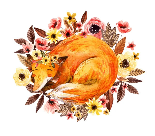 Akwarela, Spanie fox wśród kwiaty na białym tle. — Zdjęcie stockowe