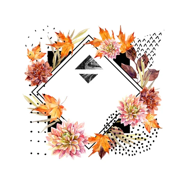 Autumn Watercolor Floral Arrangement Background Flowers Leaves Geometrical Shapes Filled — Stock Photo, Image