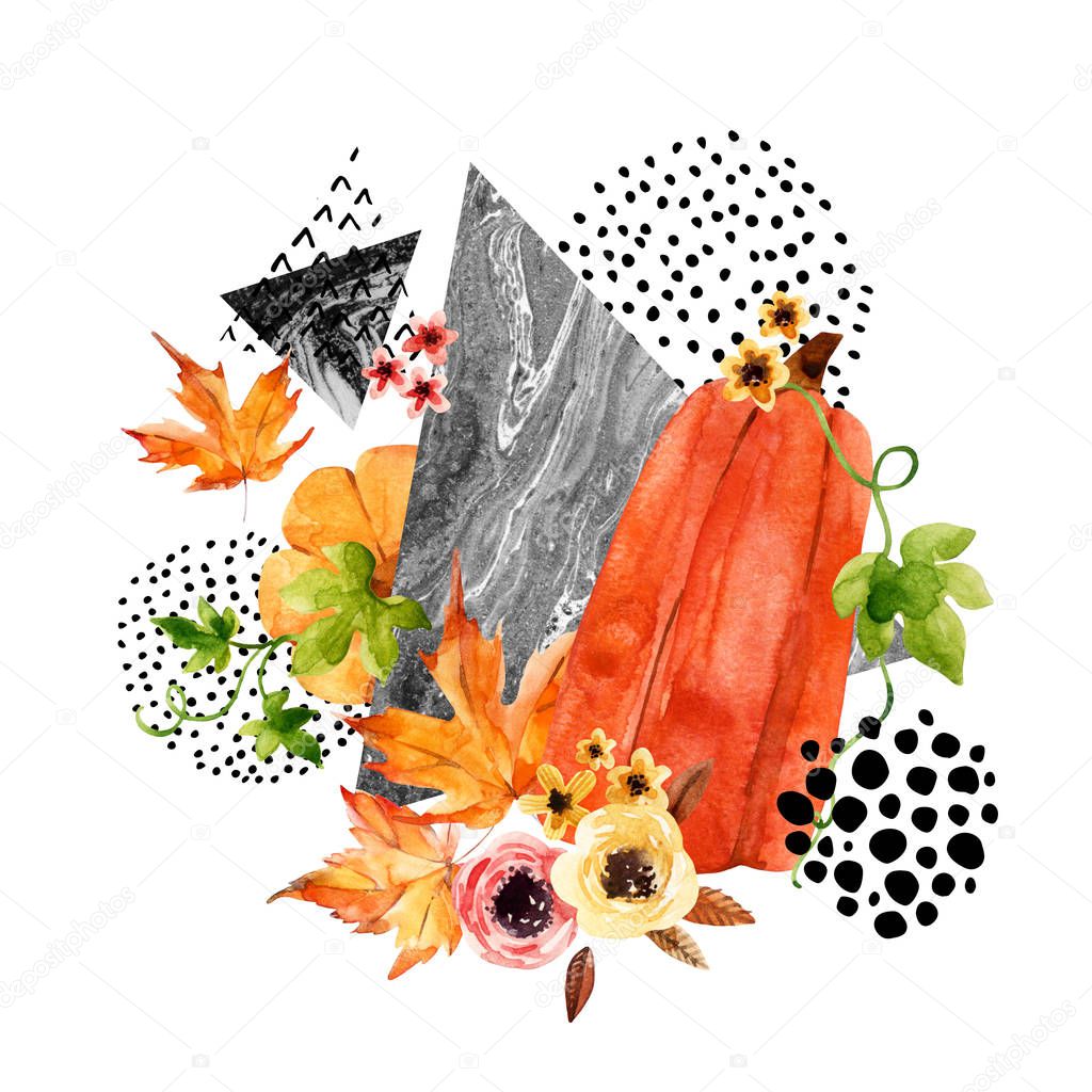 Autumn watercolor background with leaves, pumpkin, triangles, circles. Hand drawn falling leaf, doodle, marble, water color, scribble textures for fall design. Watercolour art illustration