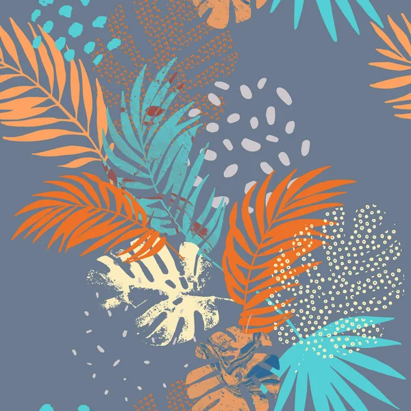 Art illustration: rough grunge tropical leaves filled with marble texture, doodle elements background.